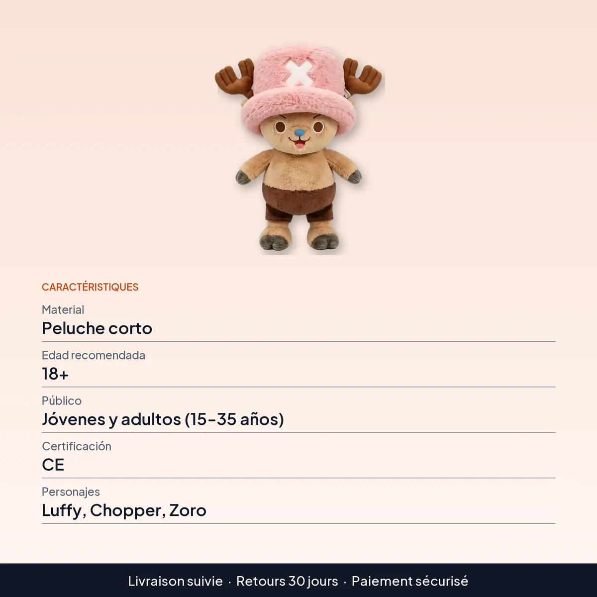 Peluche de Luffy, Chopper y Zoro con ropa removible : caractéristiques