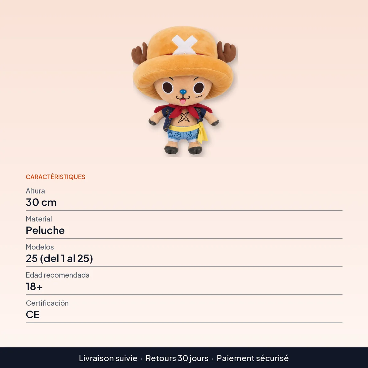 Peluche de One Piece: Luffy y Chopper de 30 cm, 25 modelos : caractéristiques