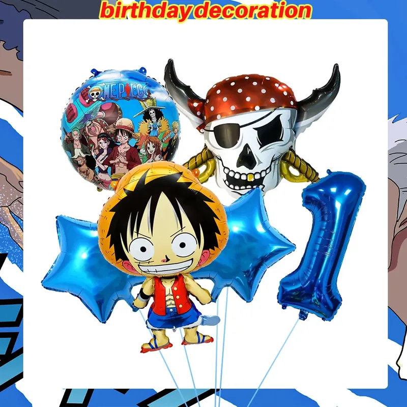 Globos de One Piece y vajilla de fiesta: platos, vasos y banner – Cuenta a tus invitados
