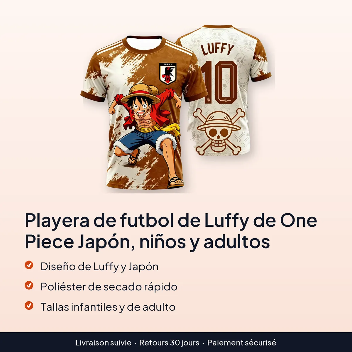 Playera de futbol de Luffy de One Piece Japón, niños y adultos : diseño de luffy y japón, poliéster de secado rápido, tallas infantiles y de adulto