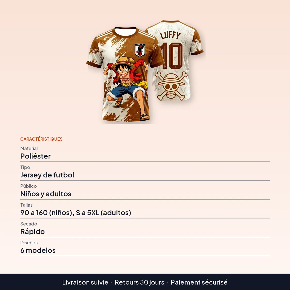 Playera de futbol de Luffy de One Piece Japón, niños y adultos : caractéristiques
