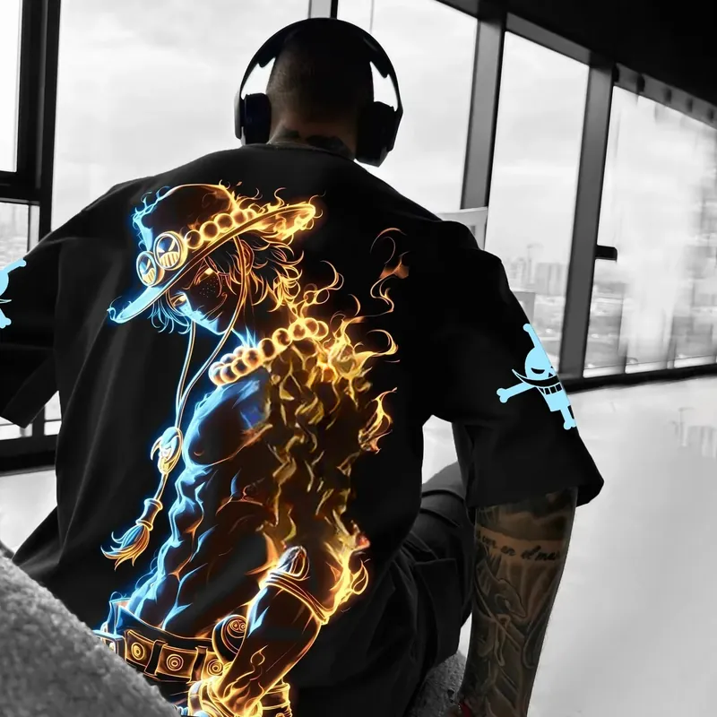 Playera gráfica de algodón One Piece Luffy y Zoro, holgada