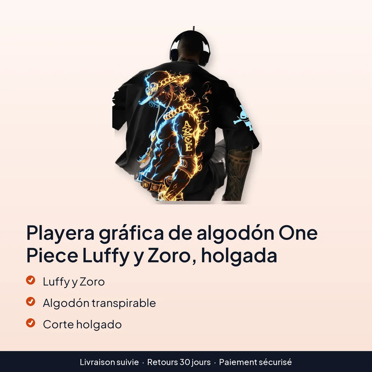 Playera gráfica de algodón One Piece Luffy y Zoro, holgada : luffy y zoro, algodón transpirable, corte holgado