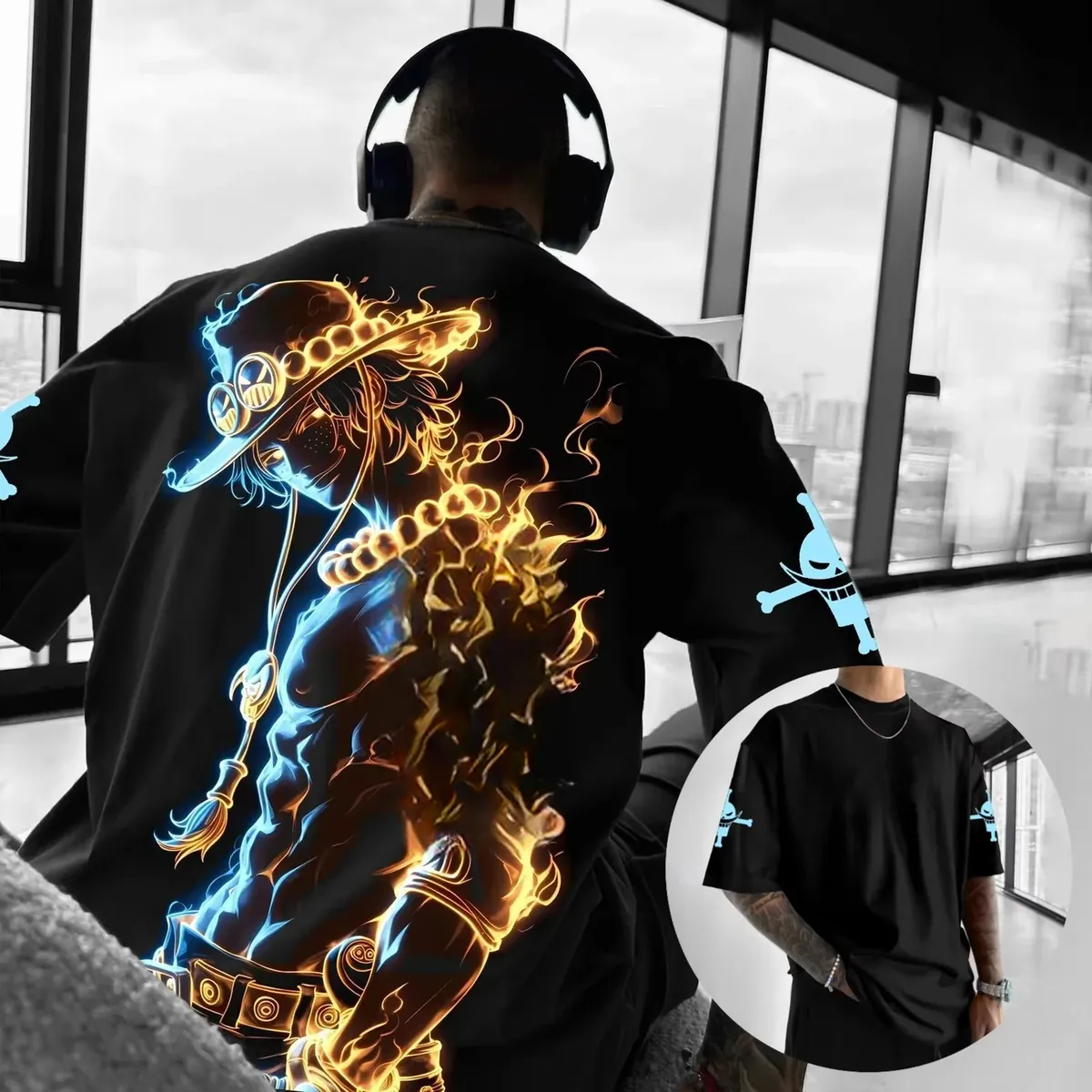 Playera gráfica de algodón One Piece Luffy y Zoro, holgada – cmtyq1117