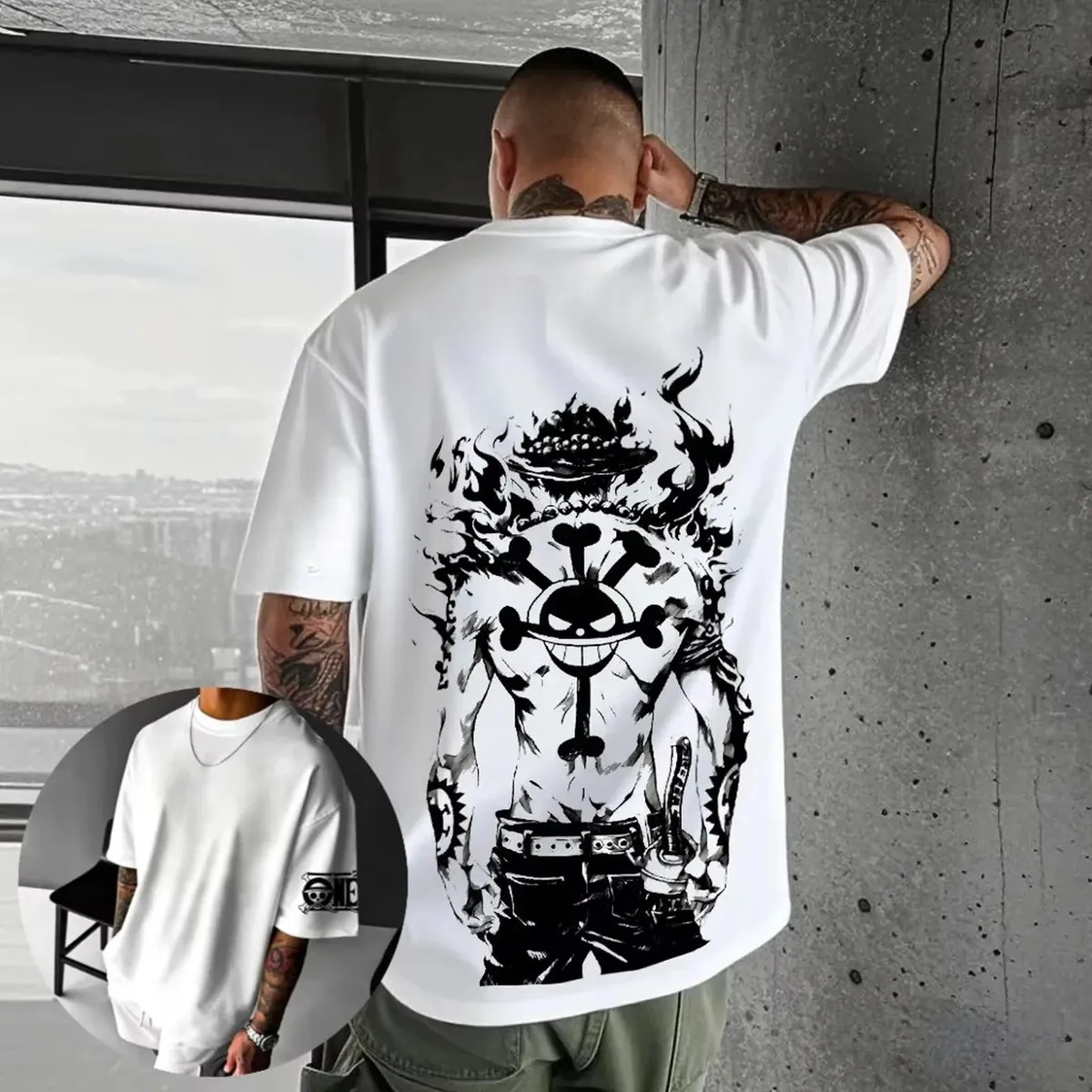 Playera gráfica de algodón One Piece Luffy y Zoro, holgada – cmtyq1118