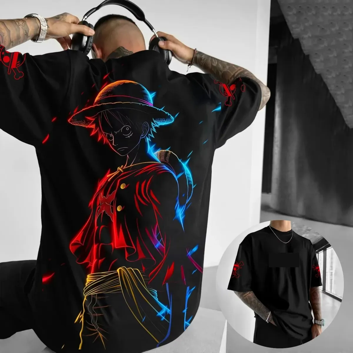 Playera gráfica de algodón One Piece Luffy y Zoro, holgada – cmtyq1119