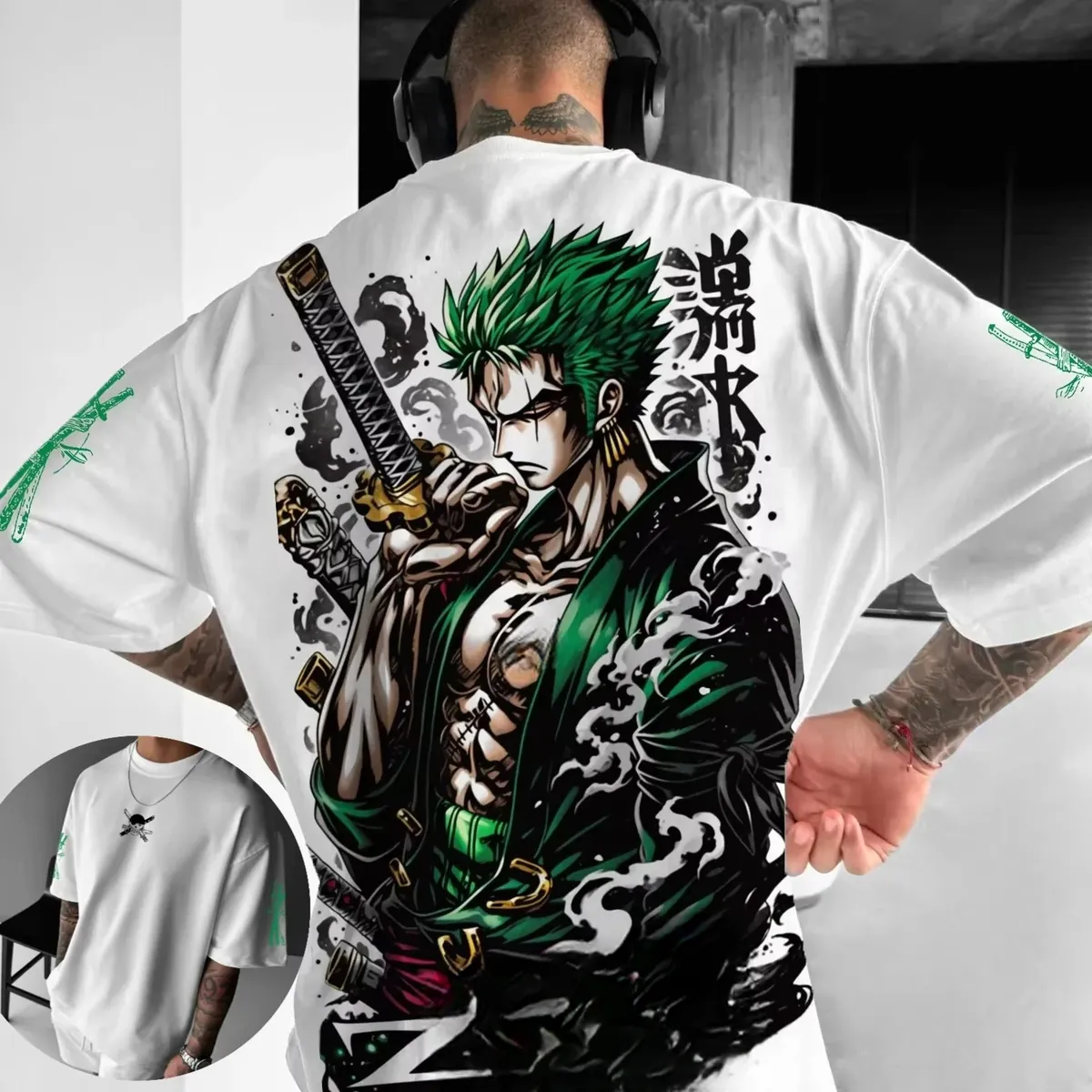 Playera gráfica de algodón One Piece Luffy y Zoro, holgada – cmtyq1120