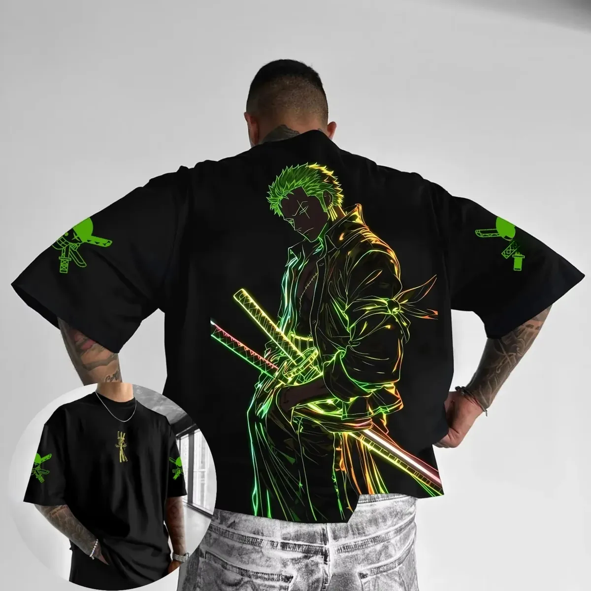 Playera gráfica de algodón One Piece Luffy y Zoro, holgada – cmtyq1121