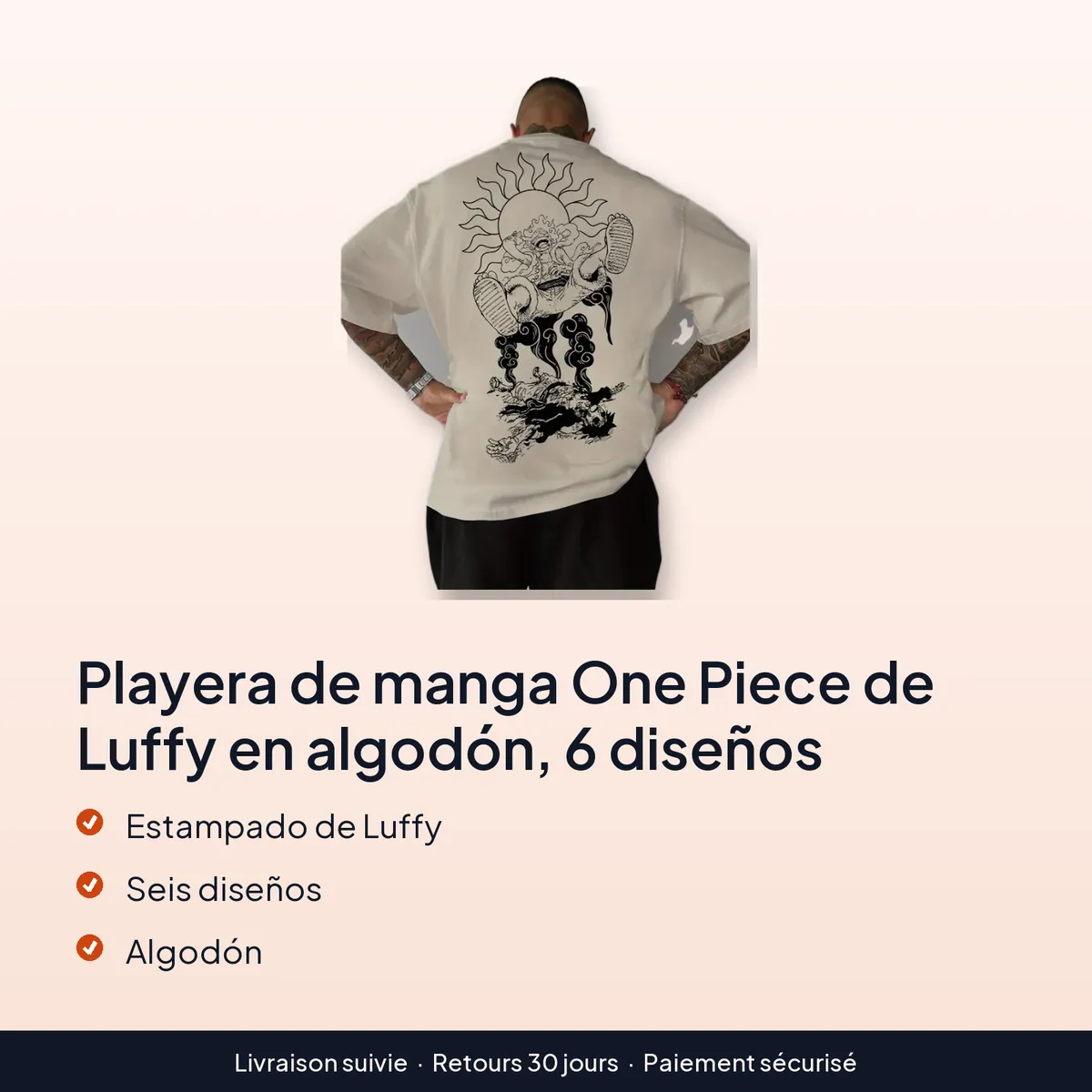 Playera de manga One Piece de Luffy en algodón, 6 diseños : estampado de luffy, seis diseños, algodón