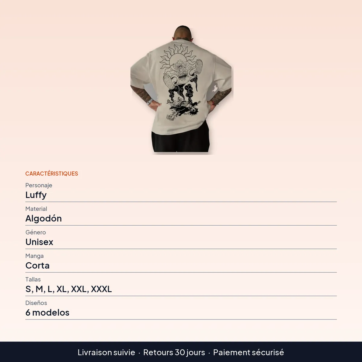 Playera de manga One Piece de Luffy en algodón, 6 diseños : caractéristiques