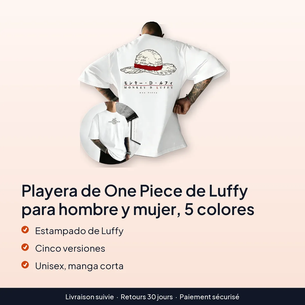 Playera de One Piece de Luffy para hombre y mujer, 5 colores : estampado de luffy, cinco versiones, unisex, manga corta