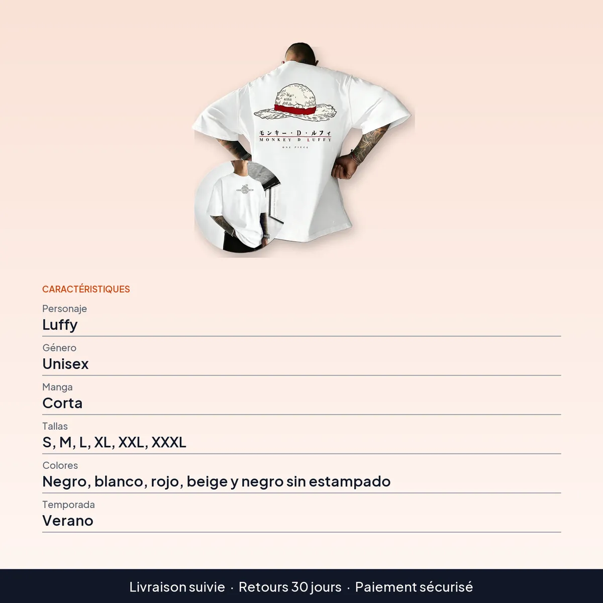 Playera de One Piece de Luffy para hombre y mujer, 5 colores : caractéristiques