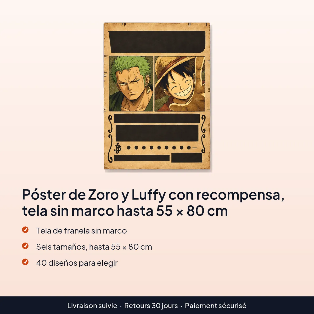 Póster de Zoro y Luffy con recompensa, tela sin marco hasta 55 × 80 cm : tela de franela sin marco, seis tamaños, hasta 55 × 80 cm, 40 diseños para elegir