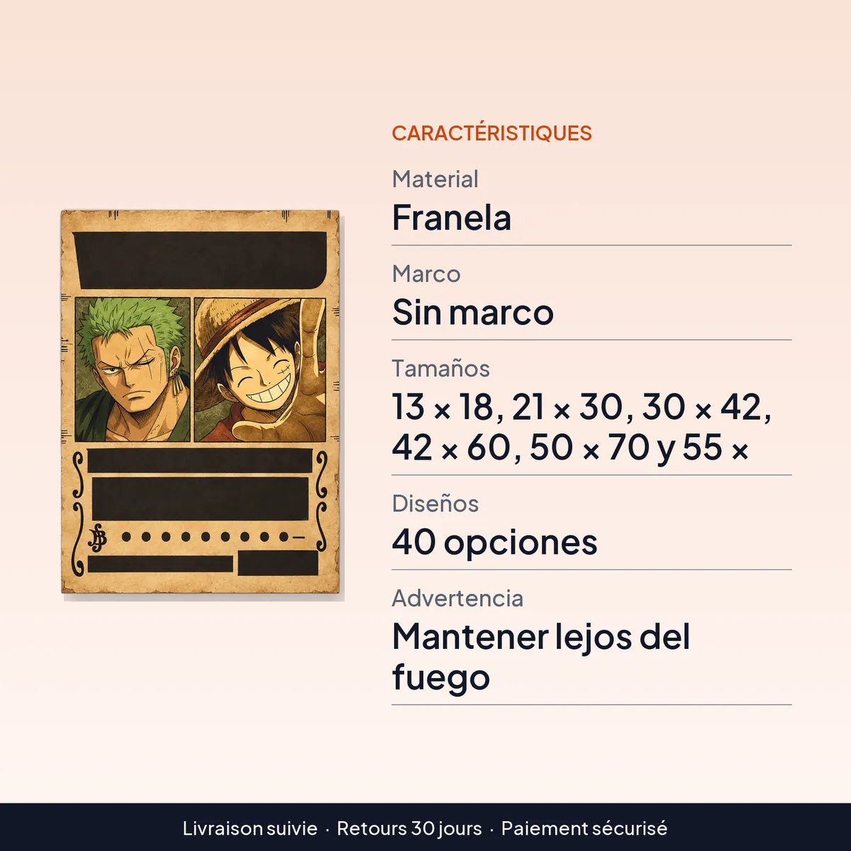 Póster de Zoro y Luffy con recompensa, tela sin marco hasta 55 × 80 cm : caractéristiques