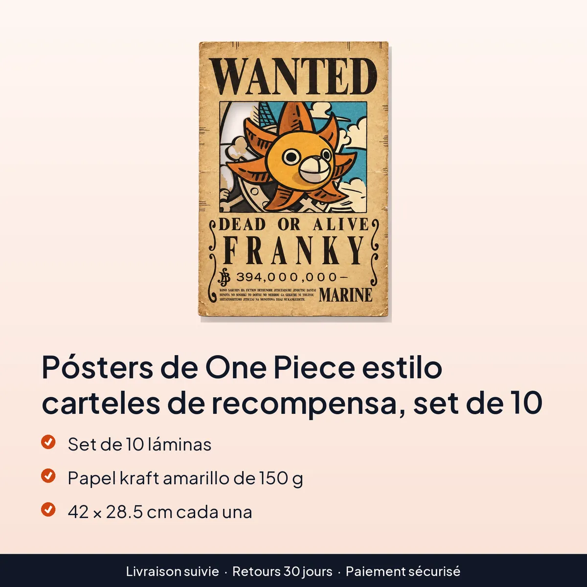 Pósters de One Piece estilo carteles de recompensa, set de 10 : set de 10 láminas, papel kraft amarillo de 150 g, 42 × 28.5 cm cada una