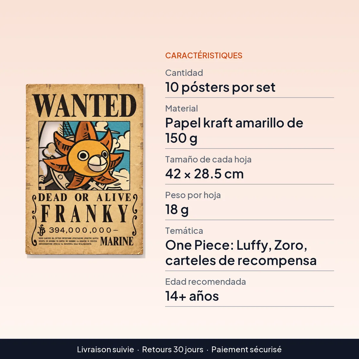 Pósters de One Piece estilo carteles de recompensa, set de 10 : caractéristiques