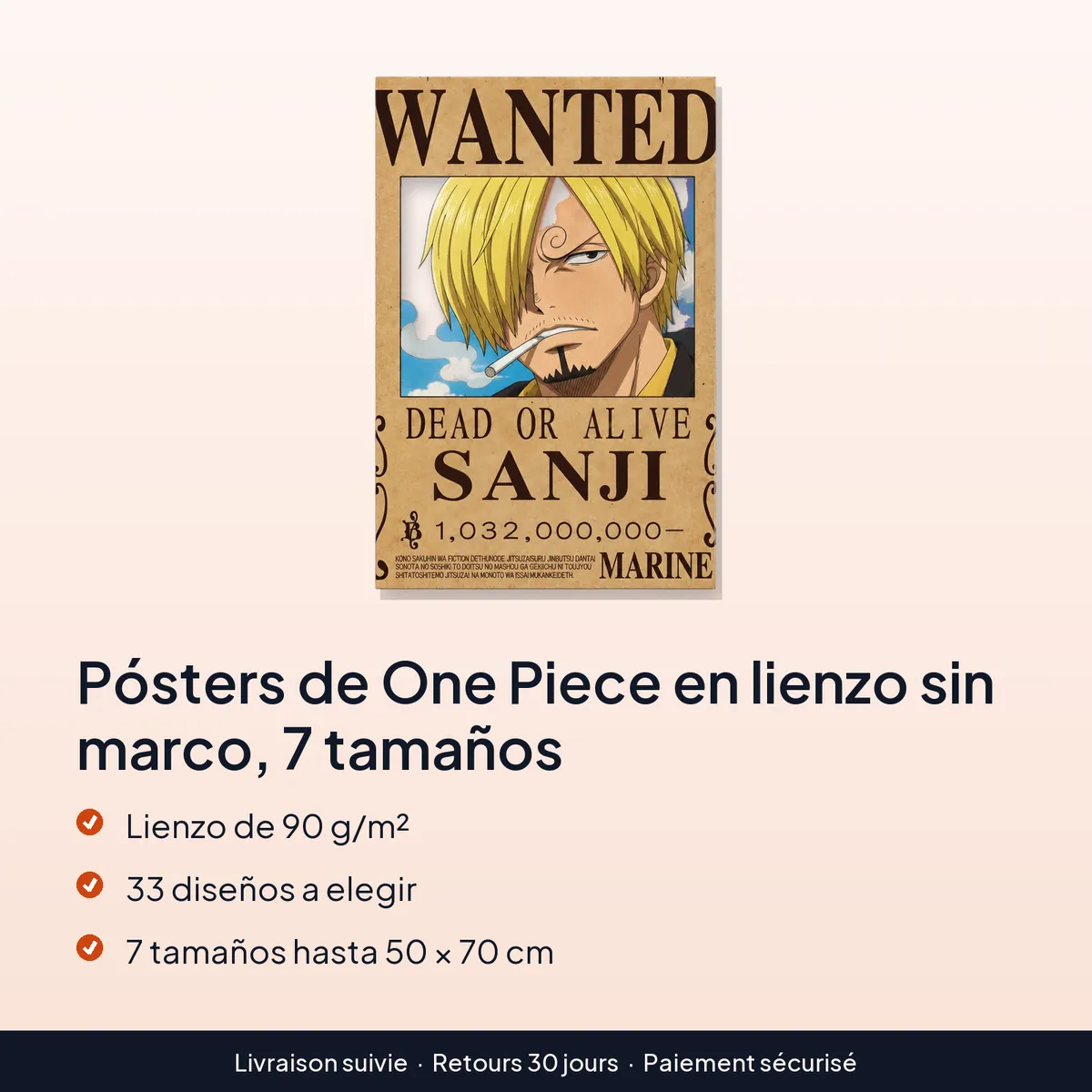 Pósters de One Piece en lienzo sin marco, 7 tamaños : lienzo de 90 g/m², 33 diseños a elegir, 7 tamaños hasta 50 × 70 cm