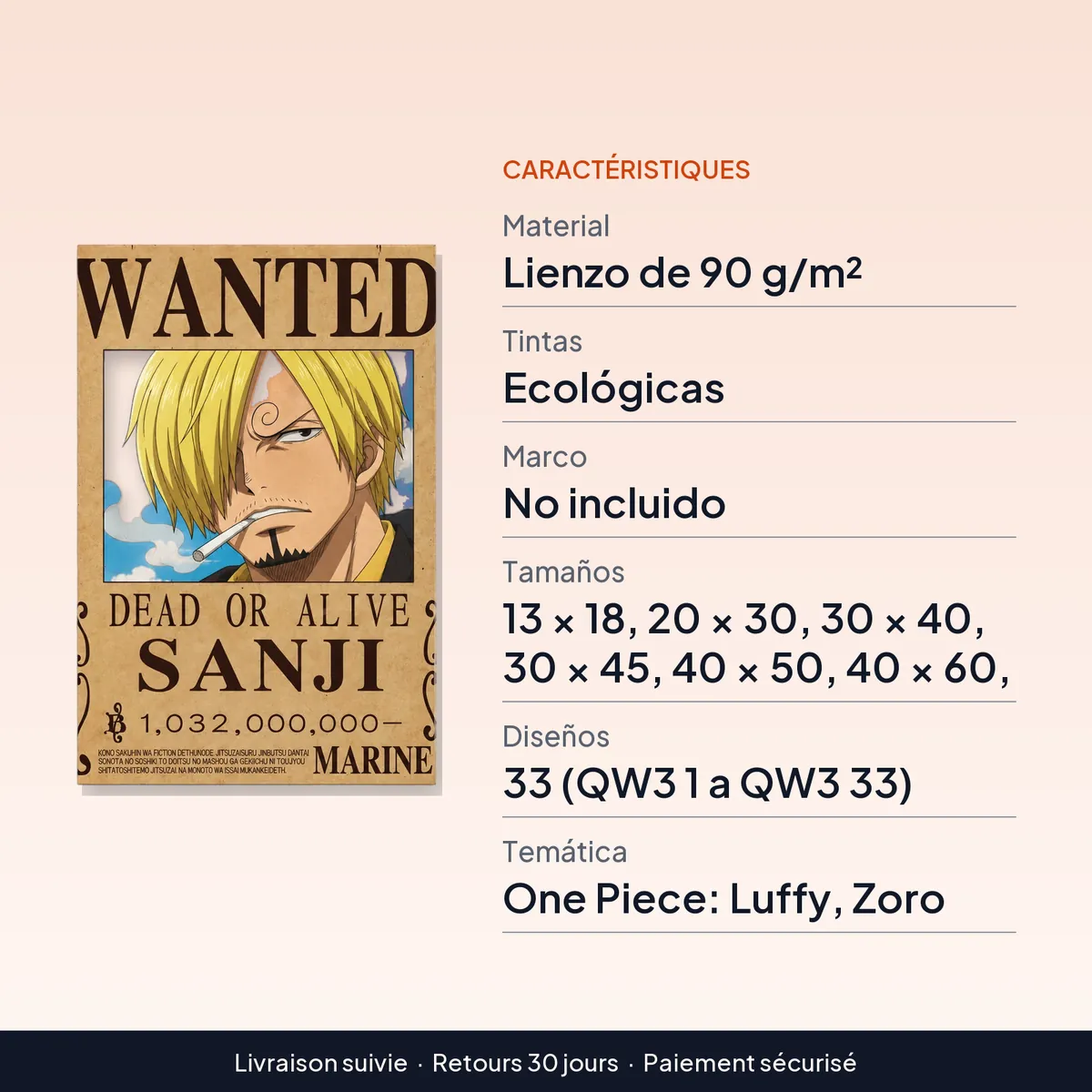 Pósters de One Piece en lienzo sin marco, 7 tamaños : caractéristiques