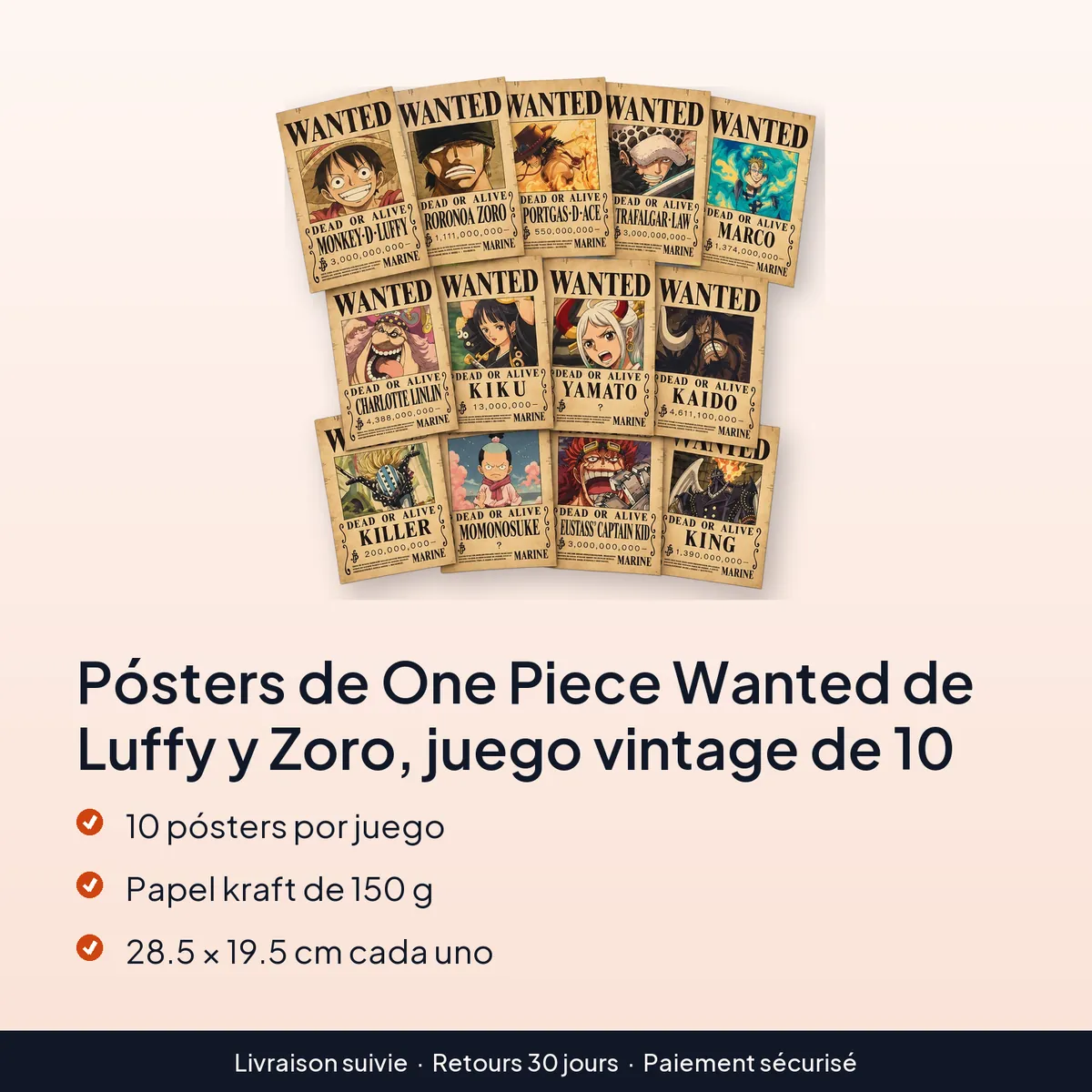 Pósters de One Piece Wanted de Luffy y Zoro, juego vintage de 10 : 10 pósters por juego, papel kraft de 150 g, 28.5 × 19.5 cm cada uno