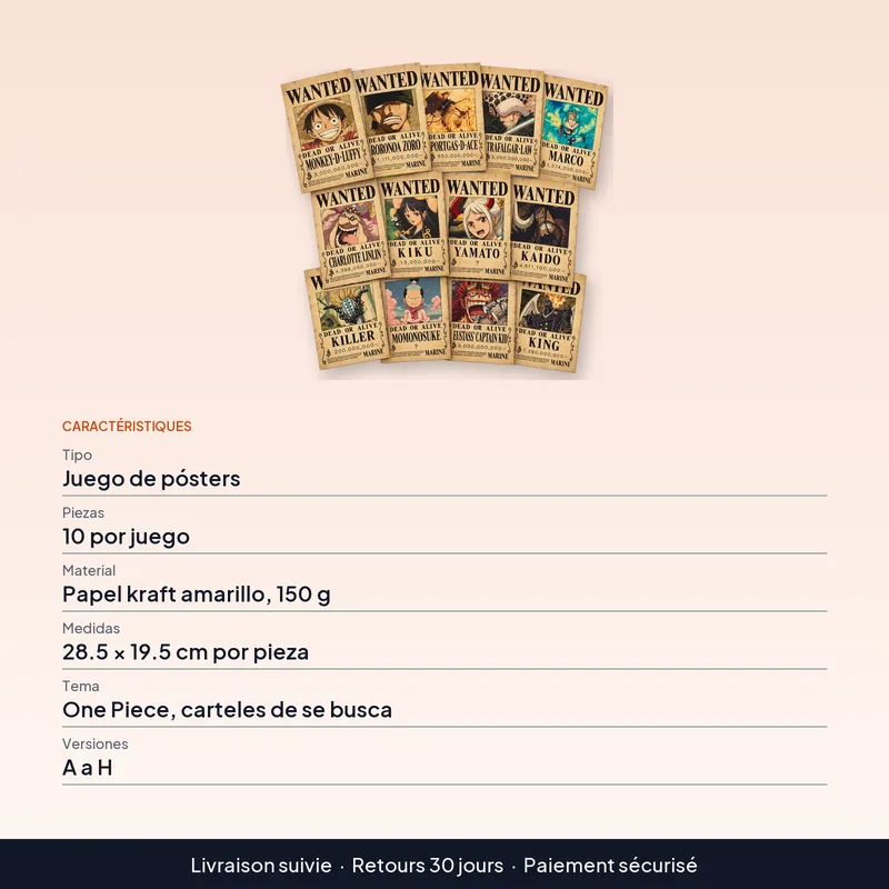 Pósters de One Piece Wanted de Luffy y Zoro, juego vintage de 10 – Papel kraft de 28.5 × 19.5 cm
