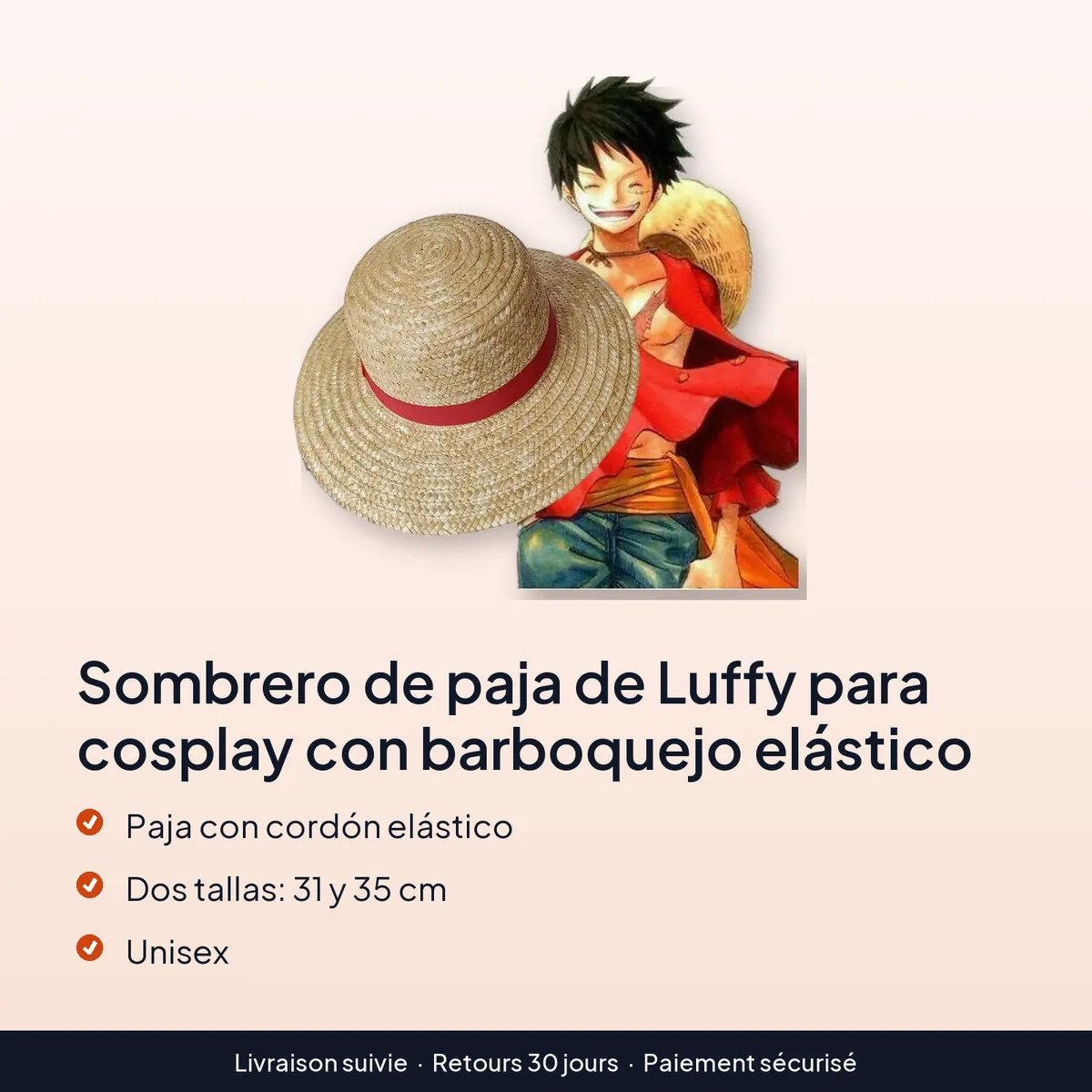 Sombrero de paja de Luffy para cosplay con barboquejo elástico : paja con cordón elástico, dos tallas: 31 y 35 cm, unisex