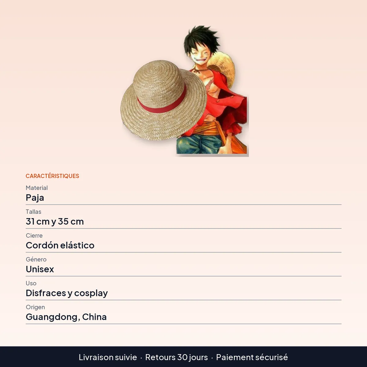 Sombrero de paja de Luffy para cosplay con barboquejo elástico : caractéristiques