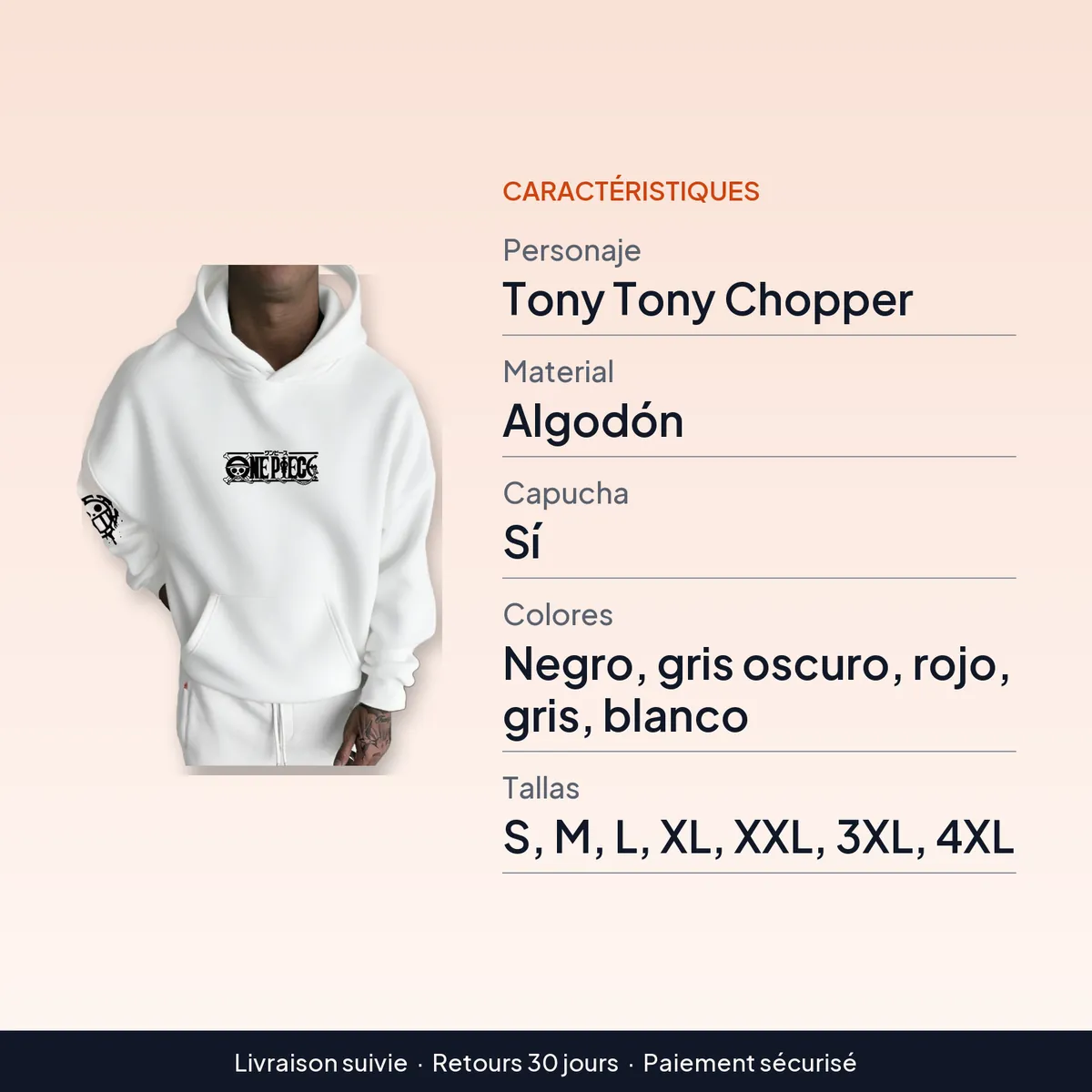 Sudadera con capucha de Chopper de One Piece en algodón, 5 colores : caractéristiques