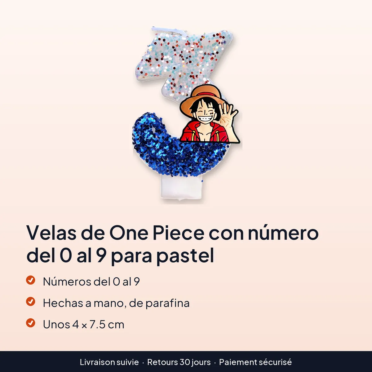 Velas de One Piece con número del 0 al 9 para pastel : números del 0 al 9, hechas a mano, de parafina, unos 4 × 7.5 cm