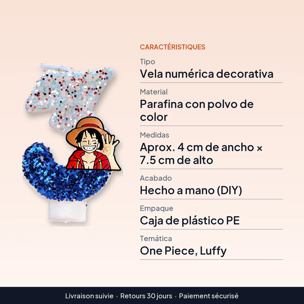 Velas de One Piece con número del 0 al 9 para pastel : caractéristiques