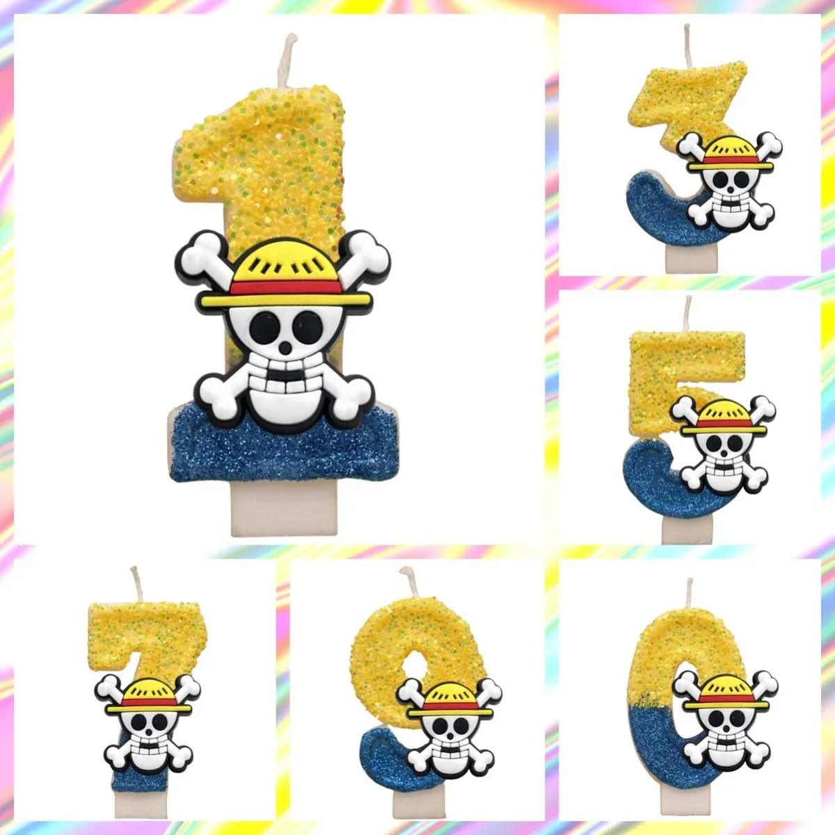 Velas de One Piece con números del 0 al 9 y Luffy – vue 2