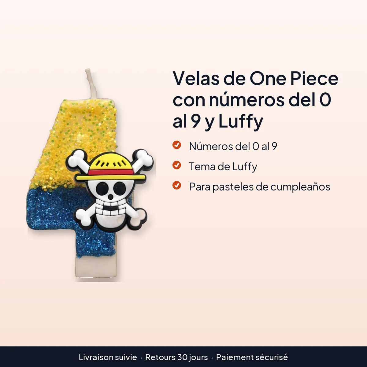 Velas de One Piece con números del 0 al 9 y Luffy : números del 0 al 9, tema de luffy, para pasteles de cumpleaños
