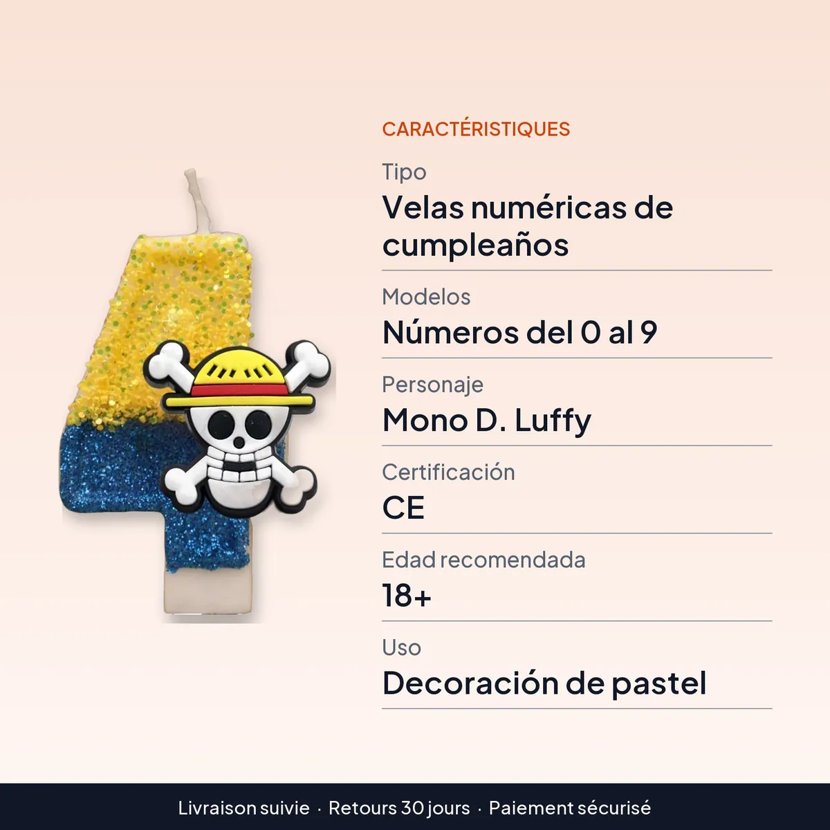 Velas de One Piece con números del 0 al 9 y Luffy : caractéristiques